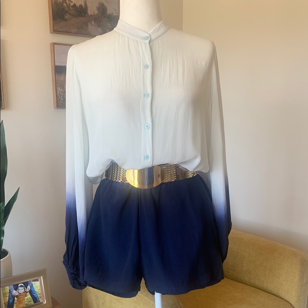 Karina Grimaldi Ombre Blue and White Button-Up Silk L/S Romper